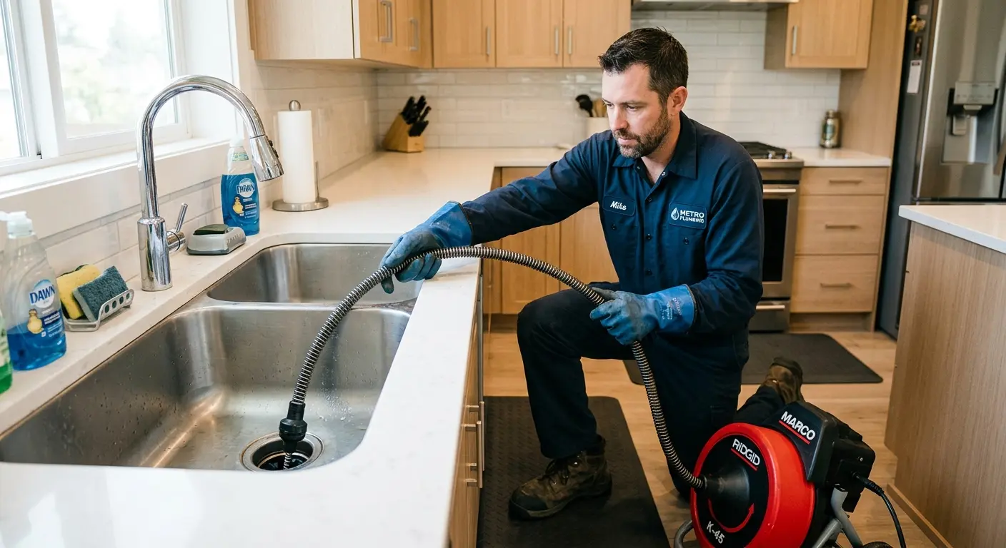 Drain cleaning technician using a motorized snake on a kitchen sink in Novato