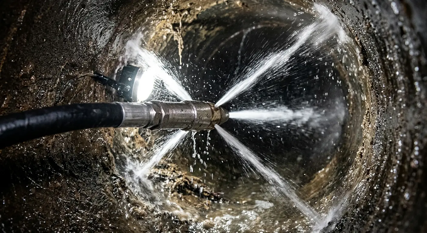 High-pressure hydro jetting nozzle cleaning sewer pipe for Storm Drain Cleaning in Novato