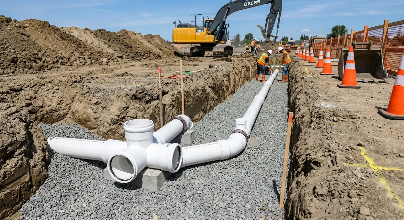 New PVC sewer pipe installation in open trench for Grease Trap Cleaning in Novato