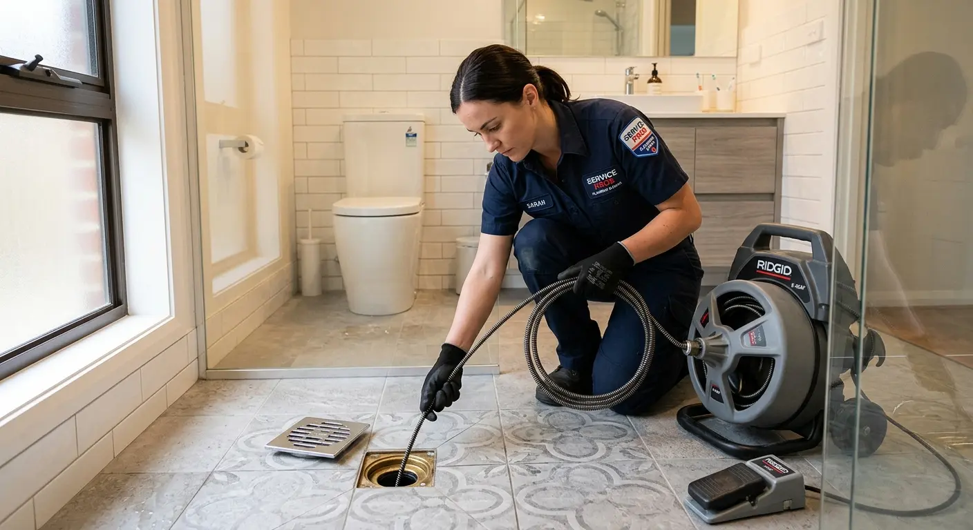 Technician clearing a bathroom floor drain for Sewer Line Replacement in Novato